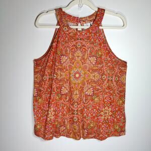 Joie 100% Linen Boho Paisley Sleeveless Top Orange Medallion L